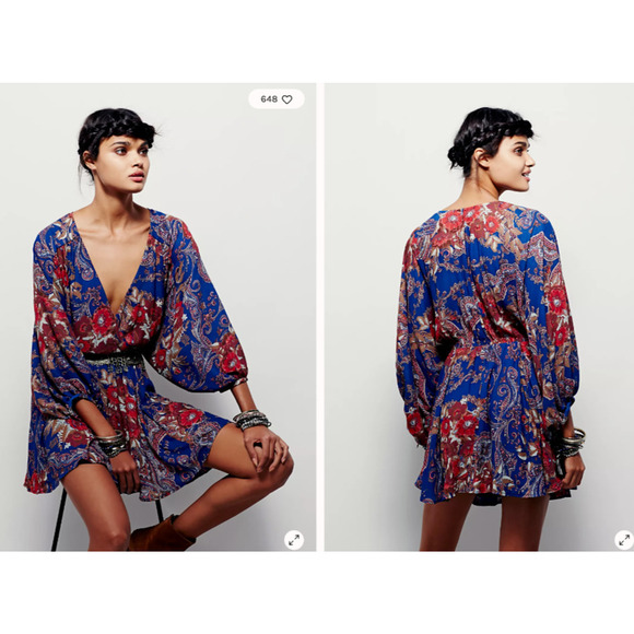 Free People High Plains Tunic Dress Size Small Blue Vintage Floral Print Boho - Picture 1 of 15